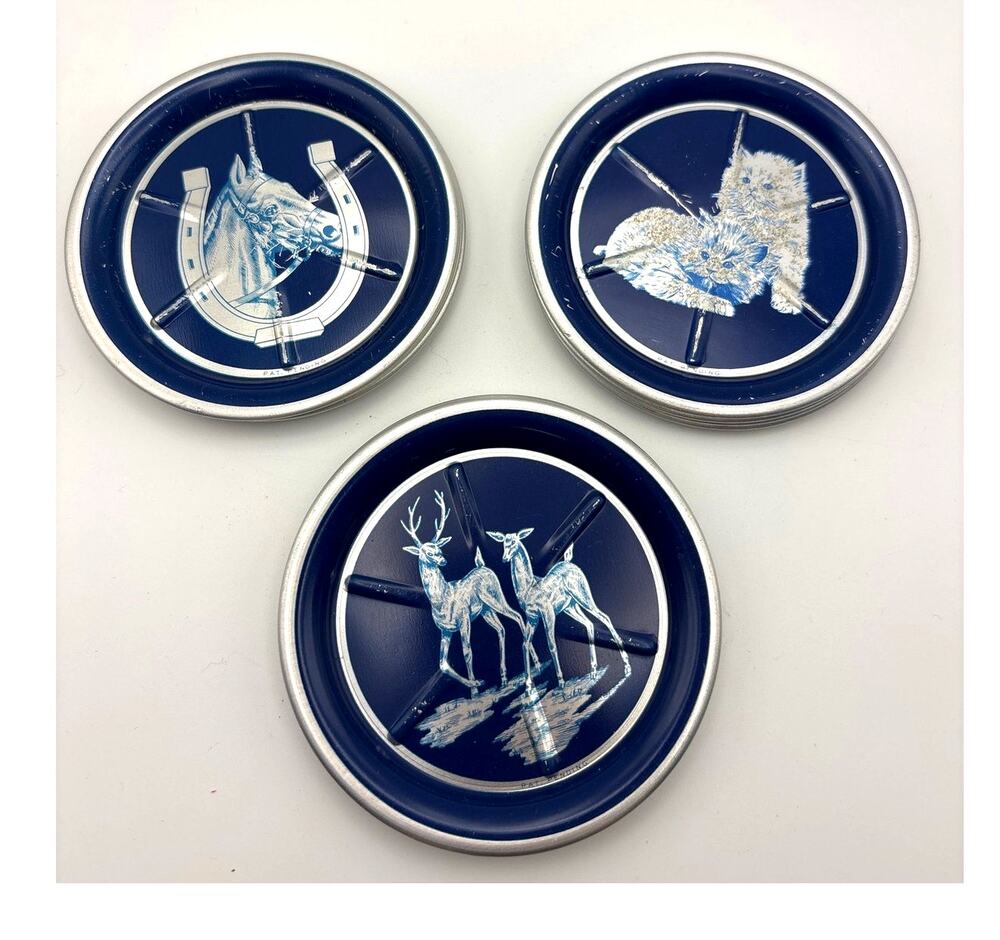 Vintage Aluminum 3.5” Round Drink Coaster Set Of 12 Cats, Deer, Horse 1970s